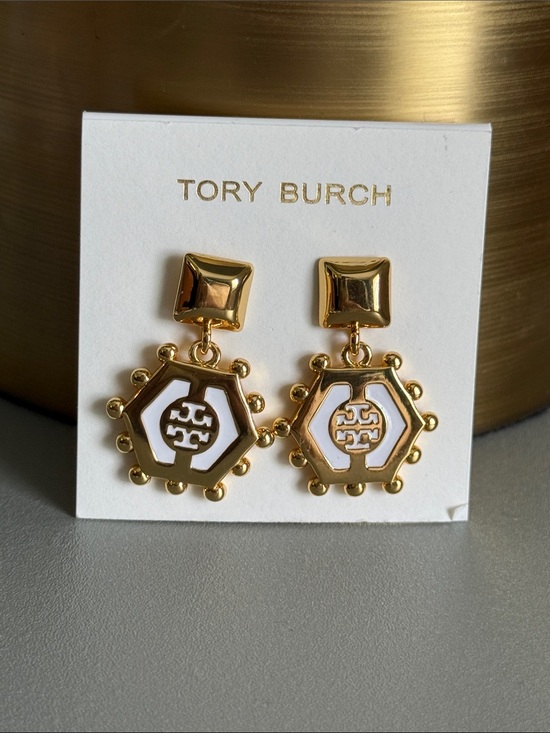 Tory Burch Jewelry - Nwt Tory Burch Gold and White Hexagonal Logo Dangle Earrings